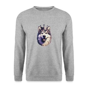 Cooler Alaskan Malamute Hund mit Königskrone - Unisex Pullover - Weißgrau meliert - Vorne - Alina (178cm) & Michal (187cm)