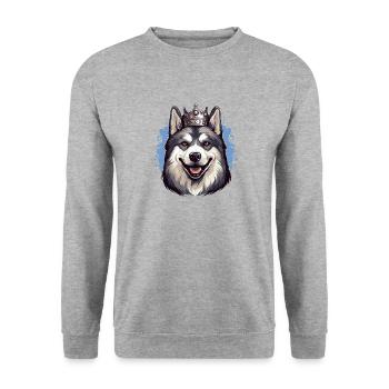 Cooler Hund Alaskan Malamute trägt Königskrone - Unisex Pullover - Weißgrau meliert - Vorne - Alina (178cm) & Michal (187cm)