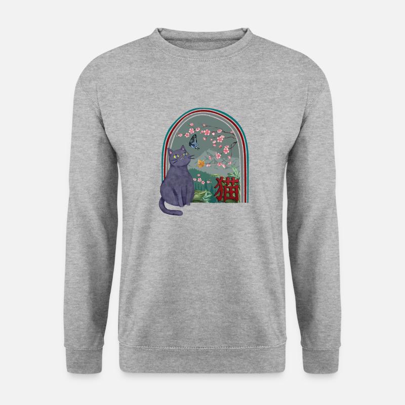Kirschblüten-Hemd, Kirschblüten-Katze Vintage - Unisex Pullover - Weißgrau meliert