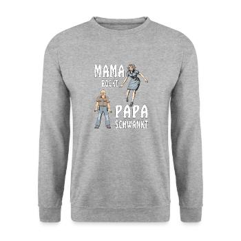 MAMA ROCKT PAPA SCHWANKT - Unisex Pullover - Weißgrau meliert - Vorne - Alina (178cm) & Michal (187cm)