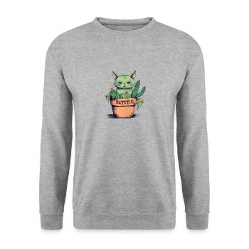 Katztus Katze im Blumentopf mit Kaktus - Unisex Pullover - Weißgrau meliert - Vorne - Alina (178cm) & Michal (187cm)