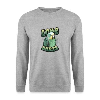 L’amour fait mal à l’oiseau perruche - Sweat-shirt Unisexe - gris chiné - Devant - Alina (178cm) & Michal (187cm)