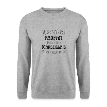 Pas parfait mais Marseillais, cadeau homme humour - Sweat-shirt Unisexe - gris chiné - Devant - Alina (178cm) & Michal (187cm)