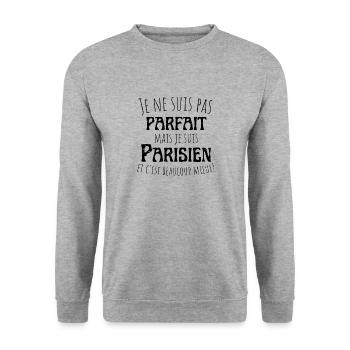 Pas parfait mais parisien, cadeau homme humour - Sweat-shirt Unisexe - gris chiné - Devant - Alina (178cm) & Michal (187cm)