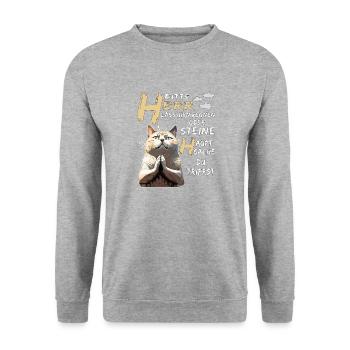 KATZE BETET HERR LASS HIRN REGNEN ODER STEINE - Unisex Pullover - Weißgrau meliert - Vorne - Alina (178cm) & Michal (187cm)