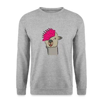 Lama Alpaka Motive Tier Mädchen mit Frisur pink - Unisex Pullover - Weißgrau meliert - Vorne - Alina (178cm) & Michal (187cm)