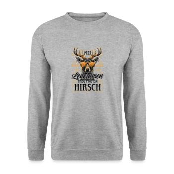Mei Lederhosn is in da Wäsch Lederhose Ersatz - Unisex Pullover - Weißgrau meliert - Vorne - Alina (178cm) & Michal (187cm)