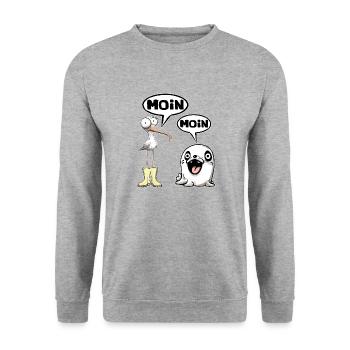 moin moin - Unisex Pullover - Weißgrau meliert - Vorne - Alina (178cm) & Michal (187cm)