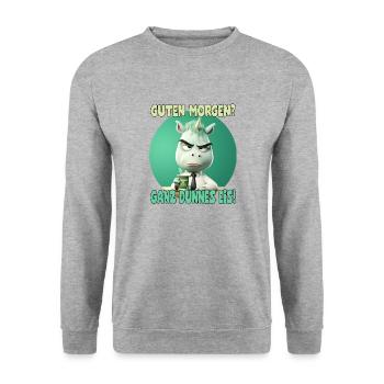 lustiges Einhorn mit Kaffee und Spruch - Unisex Pullover - Weißgrau meliert - Vorne - Alina (178cm) & Michal (187cm)