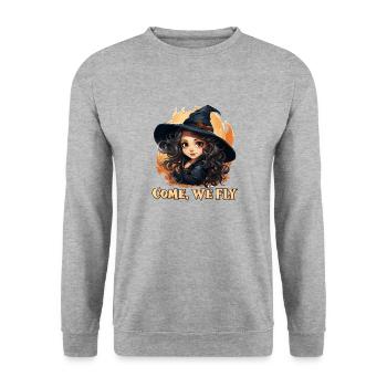 Funny little witch with saying; Come we fly - Unisex Sweatshirt - salt & pepper - Front - Alina (178cm) & Michal (187cm)