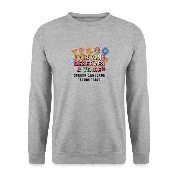 Logopäden-Shirt, jeder verdient eine Stimme - Unisex Pullover - Weißgrau meliert - Vorne - Alina (178cm) & Michal (187cm)