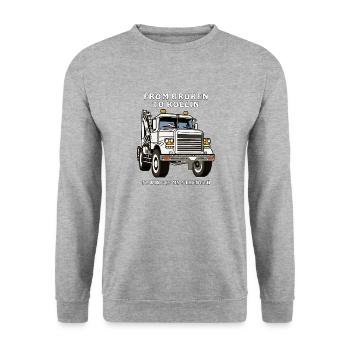 ABSCHLEPPWAGEN FROM BROKEN TO ROLLIN - Unisex Pullover - Weißgrau meliert - Vorne - Alina (178cm) & Michal (187cm)