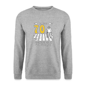 70. GEBURTSTAG 70 BITTE HELFEN SIE MIR ÜBER DI - Unisex Pullover - Weißgrau meliert - Vorne - Alina (178cm) & Michal (187cm)