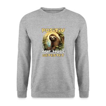 Lustiges Faultier auf einem Baum witziger Spruch - Unisex Pullover - Weißgrau meliert - Vorne - Alina (178cm) & Michal (187cm)