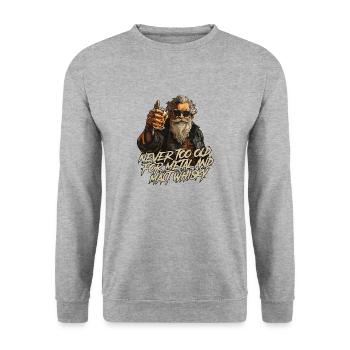 Never too old for Metal and Malt whisky Rocker - Unisex Pullover - Weißgrau meliert - Vorne - Alina (178cm) & Michal (187cm)
