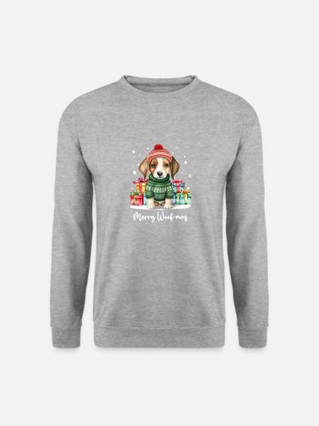Beagle Hund Frohe Woofmas Weihnachten - Unisex Pullover - Weißgrau meliert