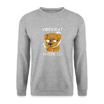 HUND GRIMMIG VORSICHT ICH KENNE DICH - Unisex Pullover - Weißgrau meliert - Vorne - Alina (178cm) & Michal (187cm)