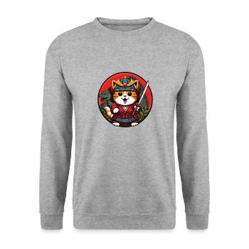 Samurai-Ninja-Katze und Dinosaurier-Monster dahinter - Unisex Pullover - Weißgrau meliert - Vorne - Alina (178cm) & Michal (187cm)