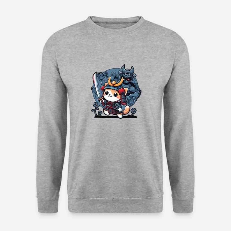 Samurai-Ninja-Katze und Monster dahinter - Unisex Pullover - Weißgrau meliert