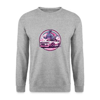 Auto im japanischen Stil hinter Monster und Regenbogen, JDM - Unisex Pullover - Weißgrau meliert - Vorne - Alina (178cm) & Michal (187cm)