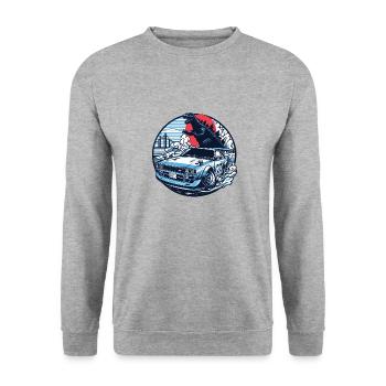 Auto im japanischen Stil hinter Monster und Regenbogen, JDM - Unisex Pullover - Weißgrau meliert - Vorne - Alina (178cm) & Michal (187cm)