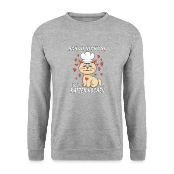 KATZE KOCH AUCH KATZEN KOCHEN - Unisex Pullover - Weißgrau meliert - Vorne - Alina (178cm) & Michal (187cm)