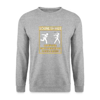 SICHERHEITSHINWEIS ACHTUNG MEIN WERKZEUG KANN - Unisex Pullover - Weißgrau meliert - Vorne - Alina (178cm) & Michal (187cm)