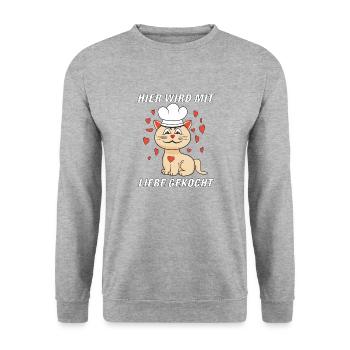 KATZE KOCH MIT LIEBE GEKOCHT - Unisex Pullover - Weißgrau meliert - Vorne - Alina (178cm) & Michal (187cm)