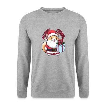 Dicke Katze als Weihnachtsmann mit Geschenk Merry Catmas - Unisex Pullover - Weißgrau meliert - Vorne - Alina (178cm) & Michal (187cm)