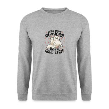 Hunde haben Besitzer. Katzen haben Personal - Lustiges Katzengeschenk - Unisex Pullover - Weißgrau meliert - Vorne - Alina (178cm) & Michal (187cm)