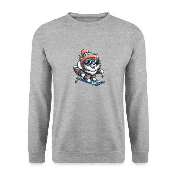 Maine Coon Katze beim Skifahren - Winterwunder - Unisex Pullover - Weißgrau meliert - Vorne - Alina (178cm) & Michal (187cm)