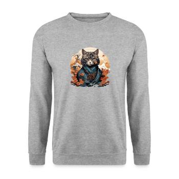 Lustige Samurai Katze - Unisex Pullover - Weißgrau meliert - Vorne - Alina (178cm) & Michal (187cm)
