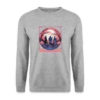 Samurai Ghost Sweatshirt, Haunted Sakura T-Shirt, - Unisex Pullover - Weißgrau meliert - Vorne - Alina (178cm) & Michal (187cm)