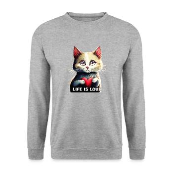 VALENTINE'S DAY CAT HEART LIFE IS LOVE - Unisex Sweatshirt - salt & pepper - Front - Alina (178cm) & Michal (187cm)