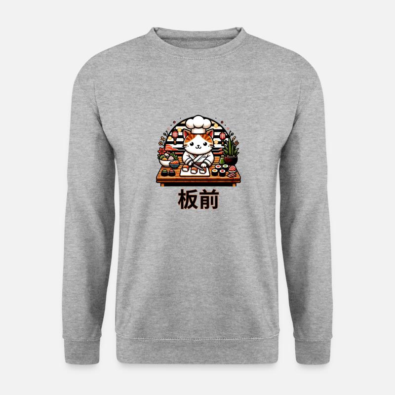 Sushi-Meisterkatze: Verspielte Chefkitty-Kunst - Unisex Pullover - Weißgrau meliert
