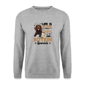 La vie de chien de l’épagneul Boykin est meilleure avec du café - Sweat-shirt Unisexe - gris chiné - Devant - Alina (178cm) & Michal (187cm)