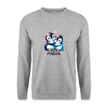 You are my Pinguin Zwei Süße kuschelnde Pinguine - Unisex Pullover - Weißgrau meliert - Vorne - Alina (178cm) & Michal (187cm)