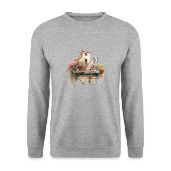 Italienischer Windhund Hund Cottagecore Balkon Bliss - Unisex Pullover - Weißgrau meliert - Vorne - Alina (178cm) & Michal (187cm)