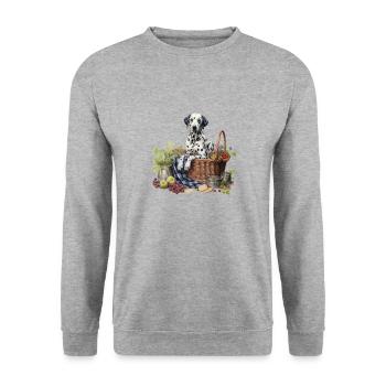 Dalmatiner Hundehütte Cottagecore Picknick Glückseligkeit - Unisex Pullover - Weißgrau meliert - Vorne - Alina (178cm) & Michal (187cm)