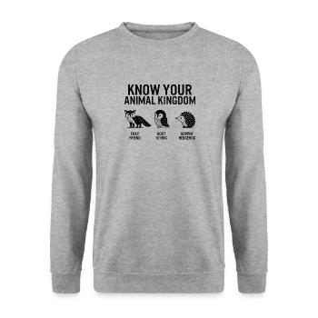 Dschungel-Shirt, kenne dein Tierreich Fuchs-Eule - Unisex Pullover - Weißgrau meliert - Vorne - Alina (178cm) & Michal (187cm)