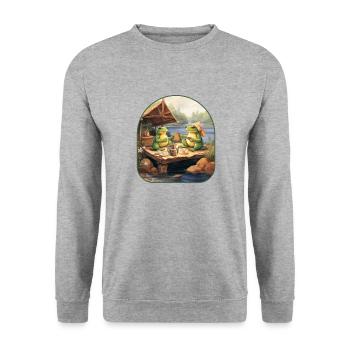 Frosch Schildkröte Picknickkorb Feld Mittagessen Cottagecore - Unisex Pullover - Weißgrau meliert - Vorne - Alina (178cm) & Michal (187cm)