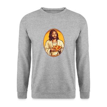 Jesus Kuscheln Pizza Slice T-Shirt, christlich - Unisex Pullover - Weißgrau meliert - Vorne - Alina (178cm) & Michal (187cm)