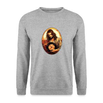 Jésus se blottit disque vinyle T Shirt, Christian - Sweat-shirt Unisexe - gris chiné - Devant - Alina (178cm) & Michal (187cm)