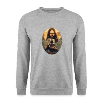 Jésus se blottit Vintage appareil photo T Shirt, Christian - Sweat-shirt Unisexe - gris chiné - Devant - Alina (178cm) & Michal (187cm)