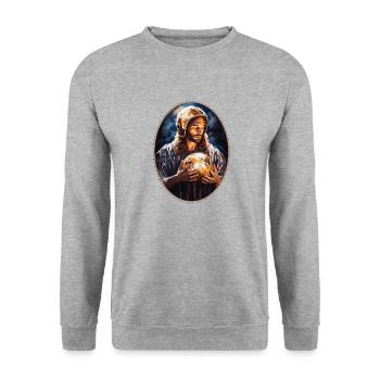 Jésus câlin casque de football T Shirt, - Sweat-shirt Unisexe - gris chiné - Devant - Alina (178cm) & Michal (187cm)
