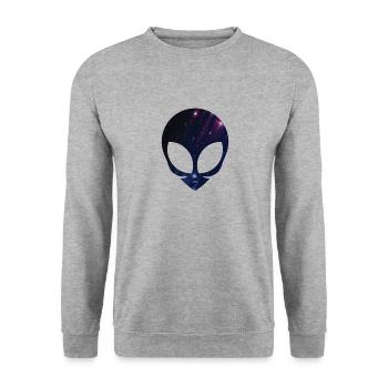 Alien Kopf Sternenhimmel T-Shirt Kosmischer Raum - Unisex Pullover - Weißgrau meliert - Vorne - Alina (178cm) & Michal (187cm)