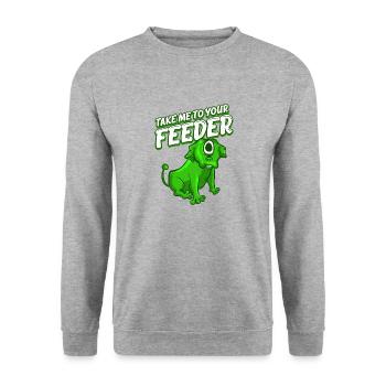 Nimm mich zu deinem Feeder T-Shirt lustig einäugig - Unisex Pullover - Weißgrau meliert - Vorne - Alina (178cm) & Michal (187cm)