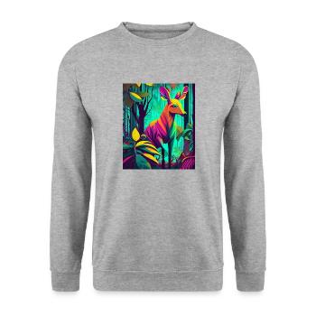 Neonwald-Reh: Buntes Wunder der Natur - Unisex Pullover - Weißgrau meliert - Vorne - Alina (178cm) & Michal (187cm)