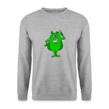 Grün Alien Hand Peace-Zeichen T-Shirt niedlich einäugig - Unisex Pullover - Weißgrau meliert - Vorne - Alina (178cm) & Michal (187cm)