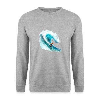 Surfer beim Reiten einer großen Welle in einer 2D- - Unisex Pullover - Weißgrau meliert - Vorne - Alina (178cm) & Michal (187cm)